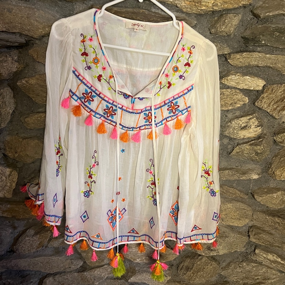 DERHY Embroidered Boho Blouse with Tassels